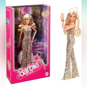NIB Margot Robbie barbie the movie doll in gold jumpsuit
